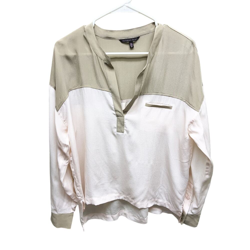 Victoria's Secret Two Tone Shirt Henley Neckline Silk Blouse Long Sleeve Size S